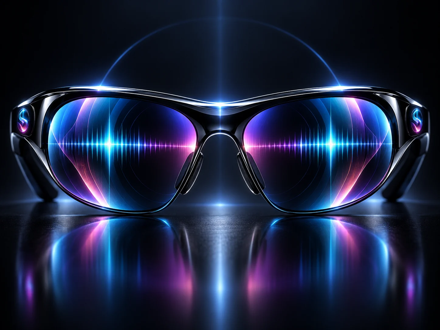Sonovize™ eyewear concept, front view: two dark lenses each lit by a luminous audio waveform in cyan, blue and magenta over a black ground