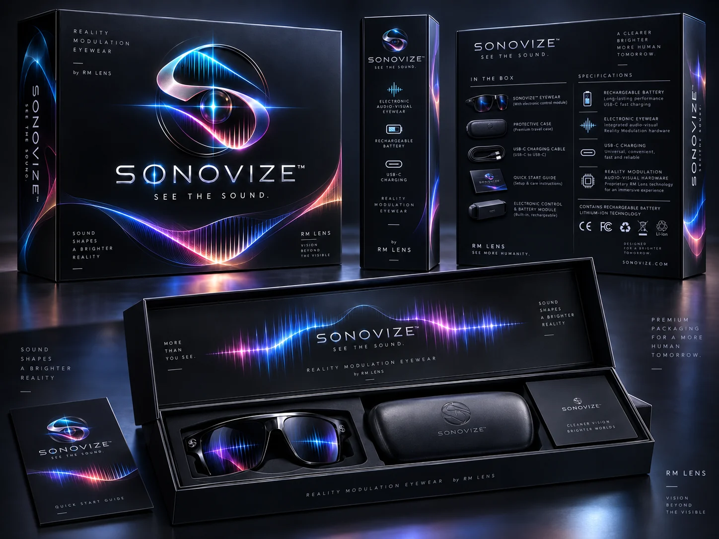 Sonovize™ packaging concept: a black box with the waveform emblem and “See the sound.”, an open presentation box with the eyewear, case and quick start guide, and a back panel listing in-the-box items